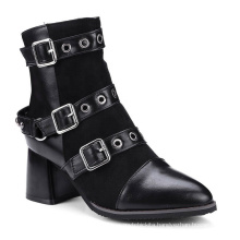 Women Mid-calf Leather Low Heel Black Felt Buckle Ankle Boots